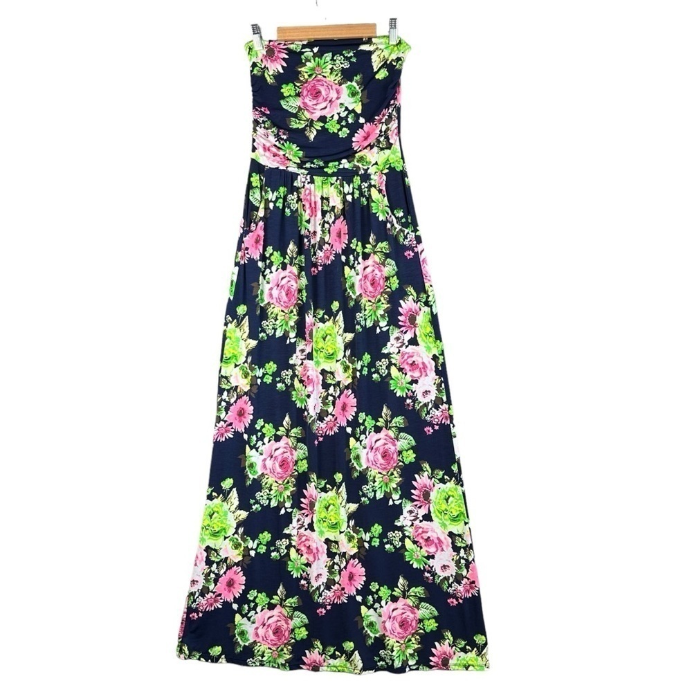 VANILLA BAY NAVY AND NEON PINK FLORAL MAXI DRESS WITH POCKETS SMALL - Picture 2 of 11